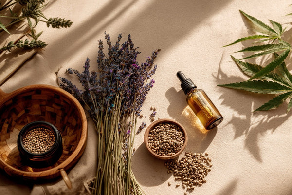 Hanfsamen und Lavendel neben CBD Schlaföl auf dem Boden